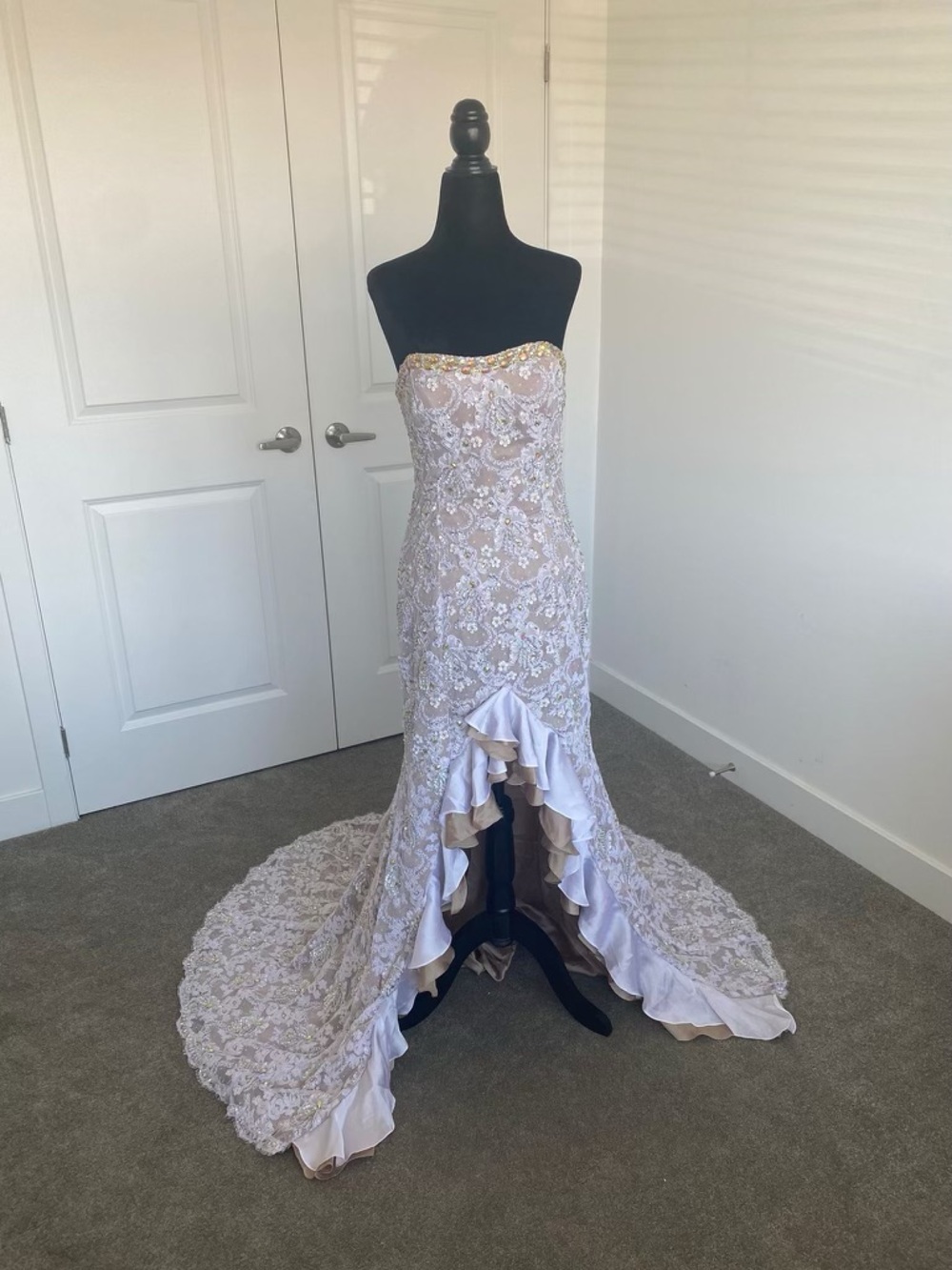 Strapless Lace Mermaid Gown with Ruffled High-Low Train - Blush & Gold Trim